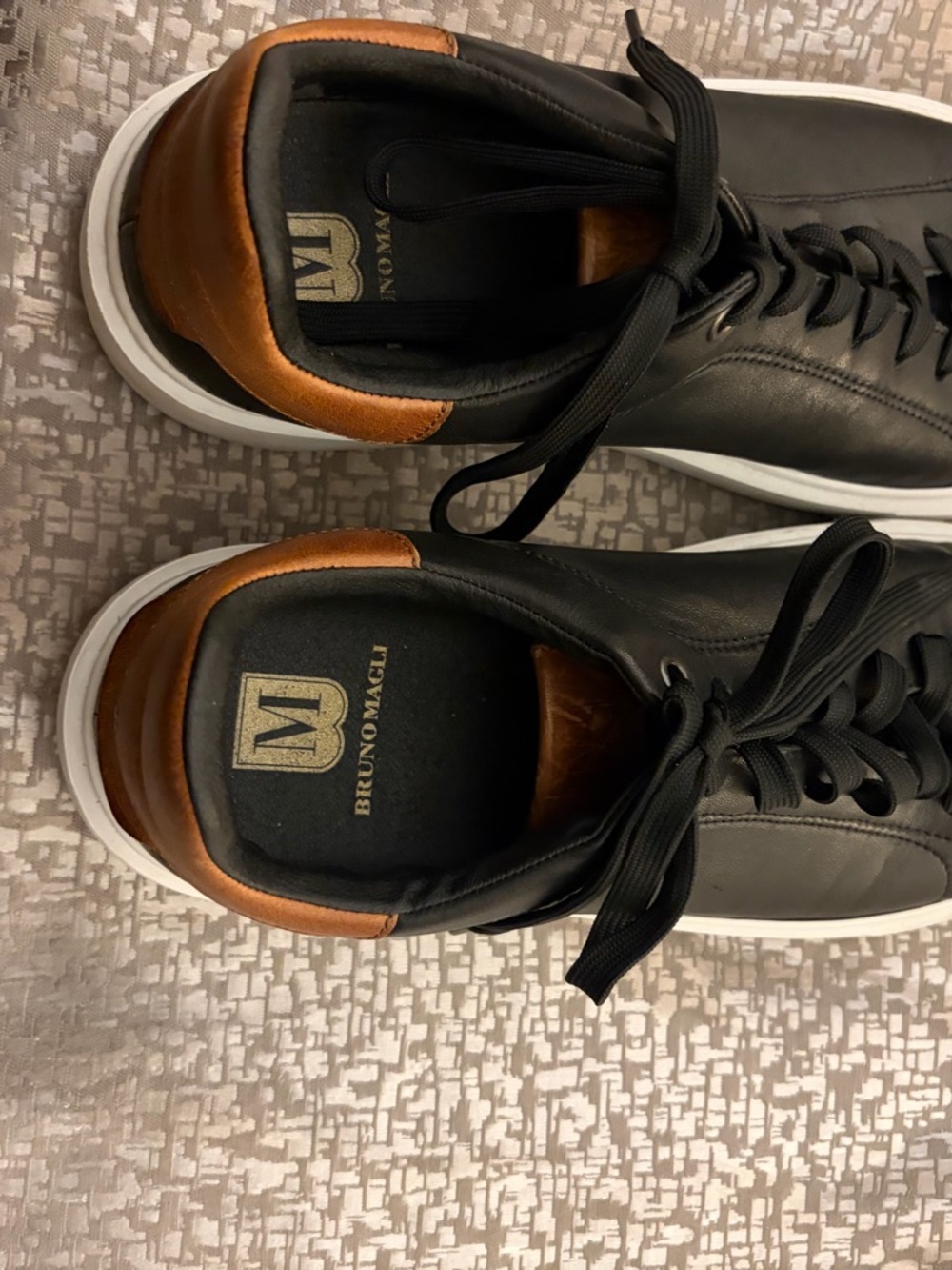 Bruno Magli Men's Black Leather Low-Top Sneakers with Brown Accent